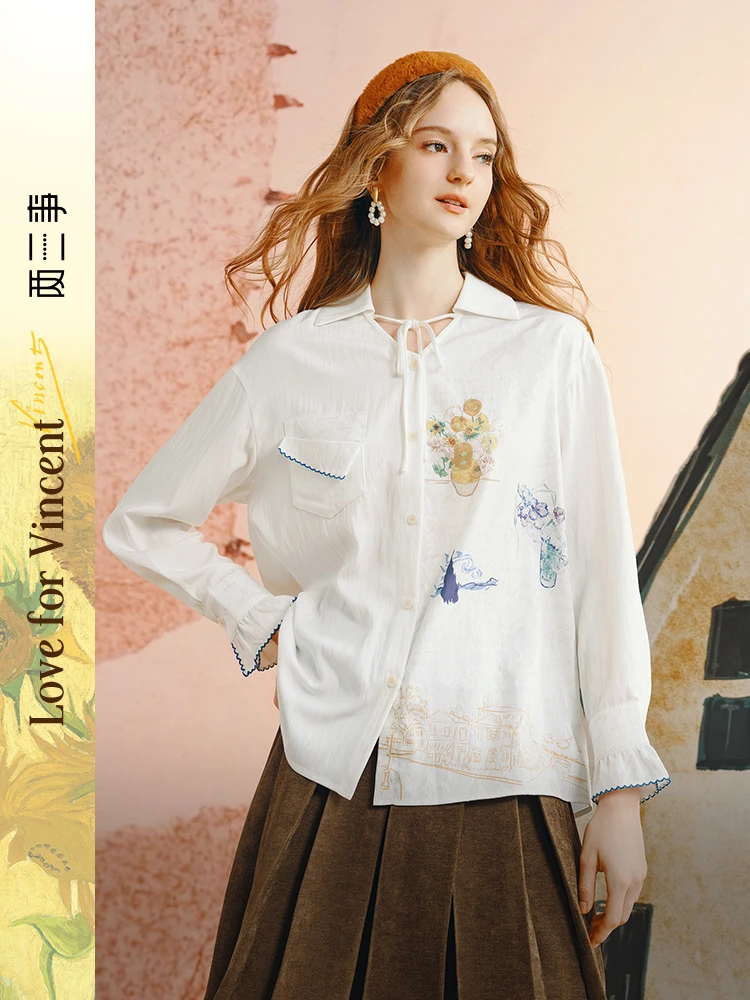 

Женская длинная рубашка свободного покроя с художественным цветочным принтом и поясом, осенняя новинка Sle Sweet Sle Faionable Casual irt