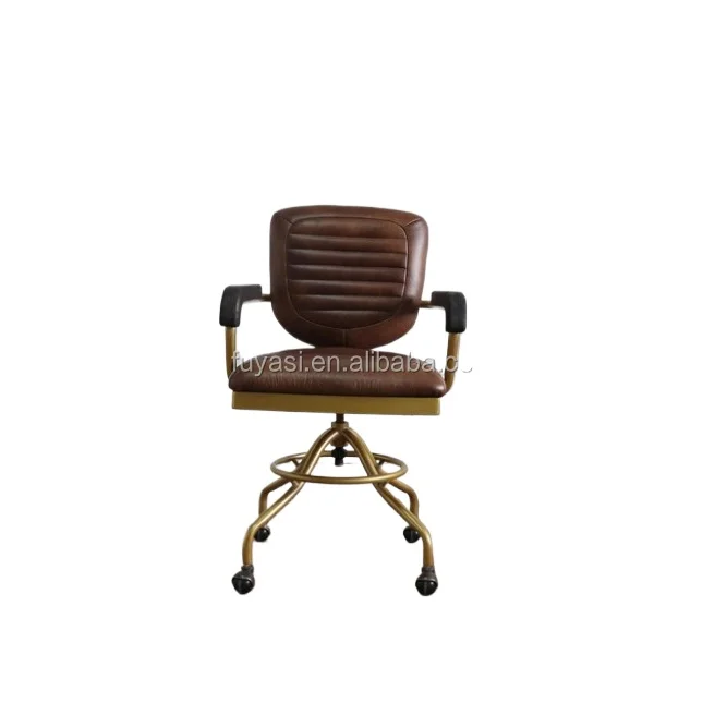 Gold Powder Coated Roller Base Medieval Style Leather Rotating Office Chair Vintage Solid Wood