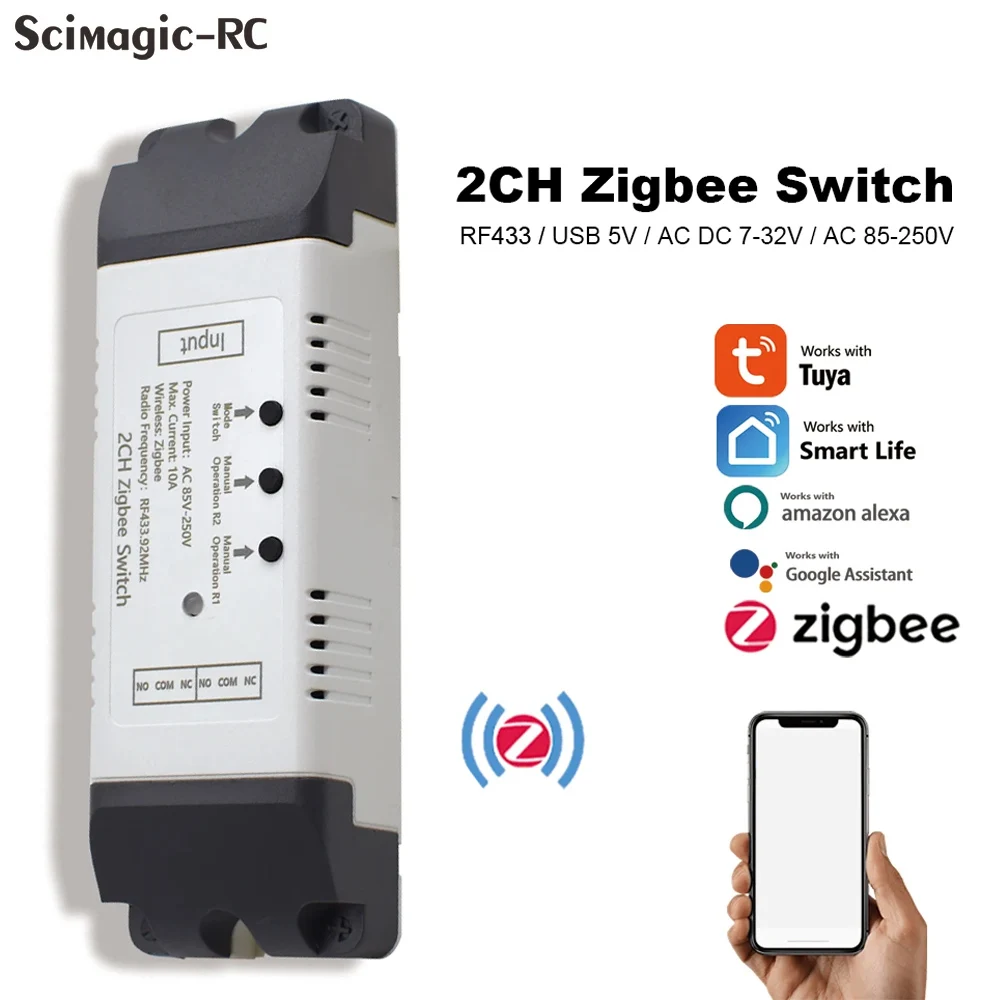 Zigbee 2 канала Tuya переключатель два реле 12 В 24 В 220 В 230 В модуль сухой контакт NO NC COM впрыска таймер рели для света двигатель Alexa