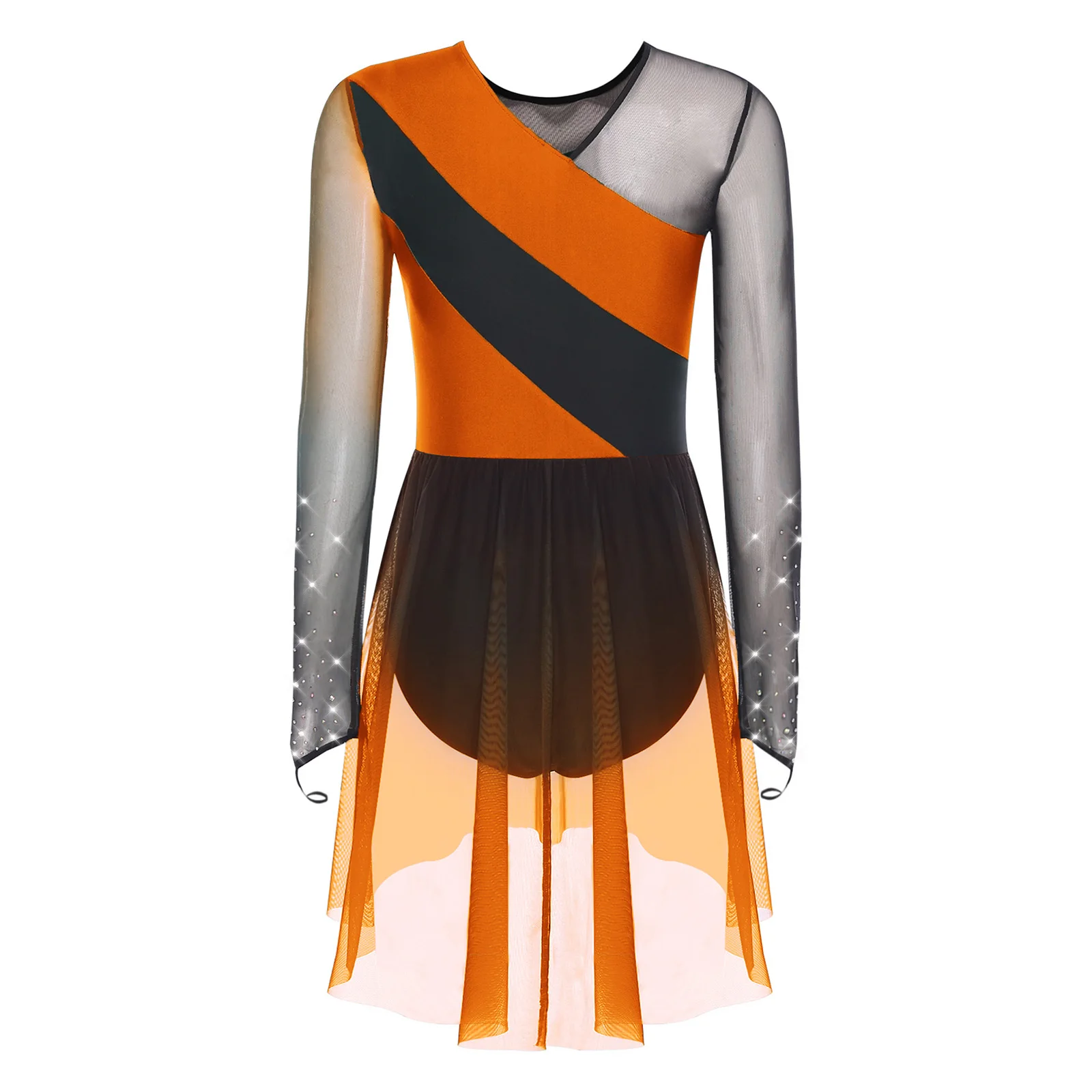 Women Leotard Dance Dress for Figure Skating Ballet Lyrical Dancing Costume Rhinestones Mesh Sleeves Dress Dancewear Gymnastics