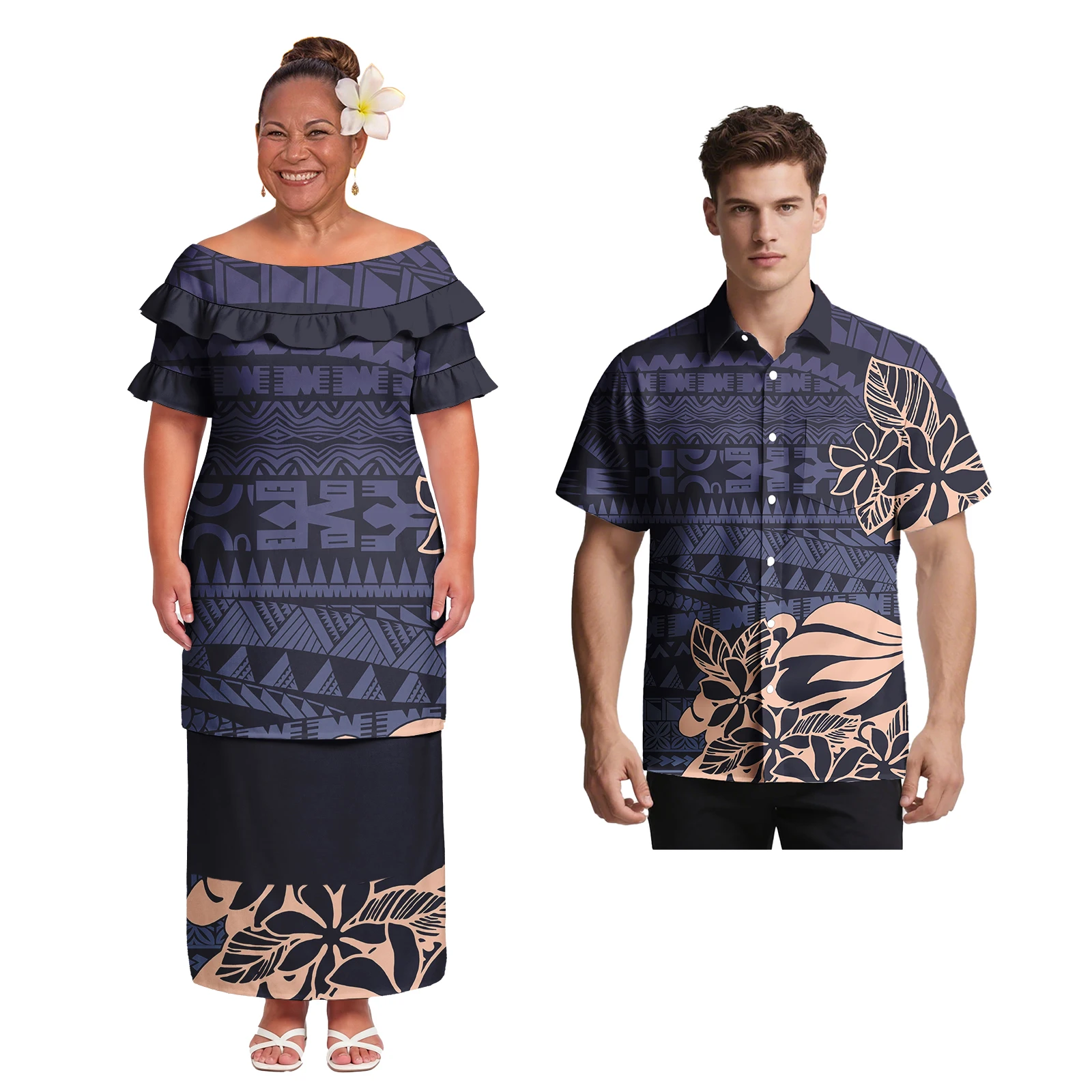 Couple Suit Hawaiian Women Ruffle Neck Puletasi Samoan Men Party Shirts Polynesia Classic Tribal Design His-and-Hers Clothes
