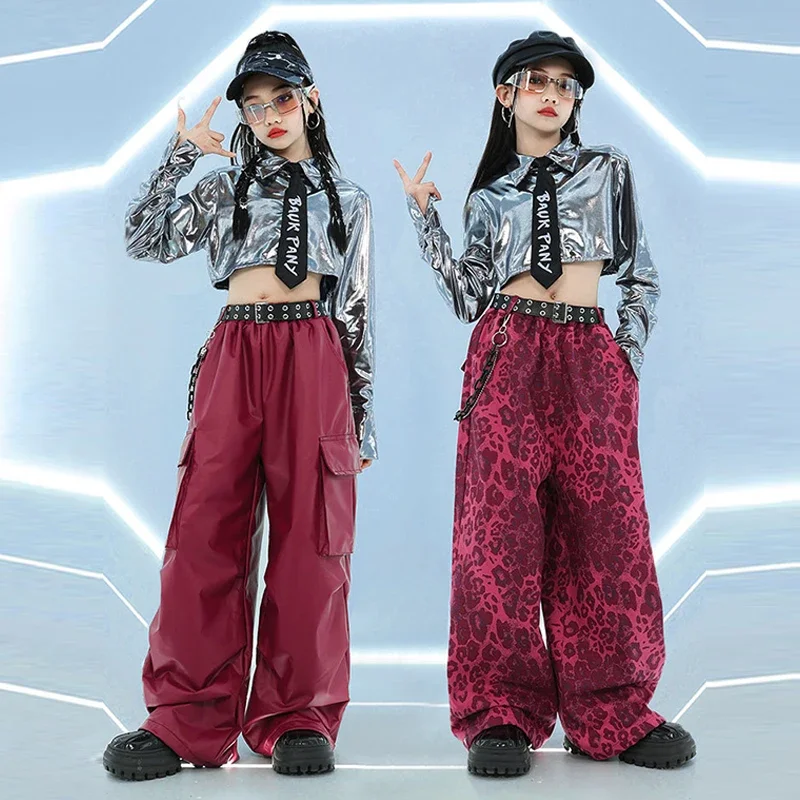 

Children Jazz Stage Costume Leopard Print Hip Hop Dance Clothes Silver Short Top Shirt Shuffle Pants Girl Street Dance Wear