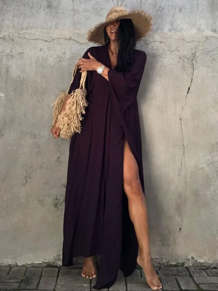 2025 新固体ビキニカバーアップ女性ビーチカバーアップ V ネックスリットカットプラスサイズビーチロングドレス夏のファッション女性ビーチウェア