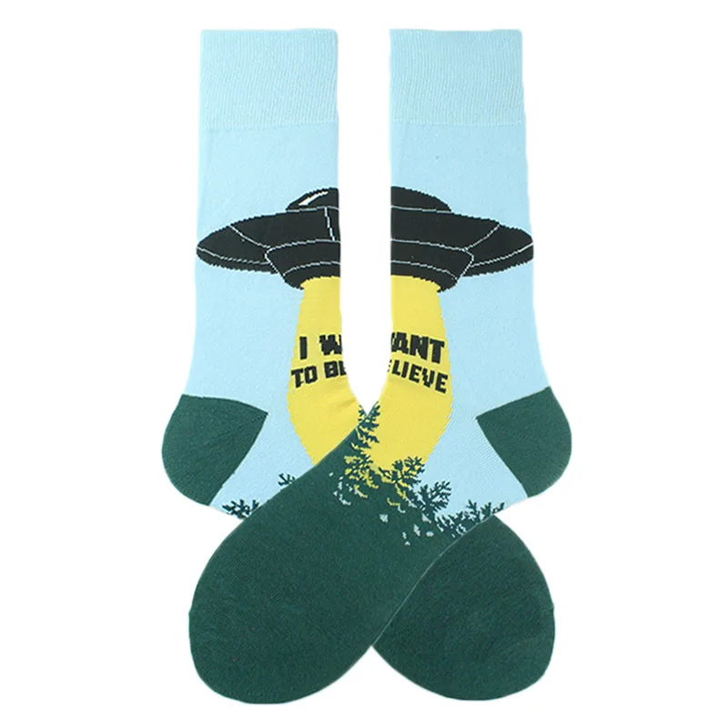 Cotton Happy Funny Socks Men Alien Planet Shark Crazy Design Sokken Unisex Novelty Dinosaur Crew Skateboard Calculations Hombre