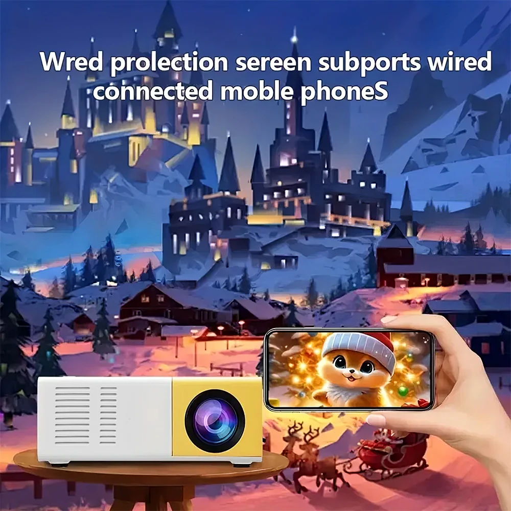 Proyector LED con cable para uso doméstico, compatible con teléfonos móviles, ideal para exteriores, admite resolución 1080P HD, control remoto, conexión USB, altavoz 3D y reproducción de video. Color amarillo.