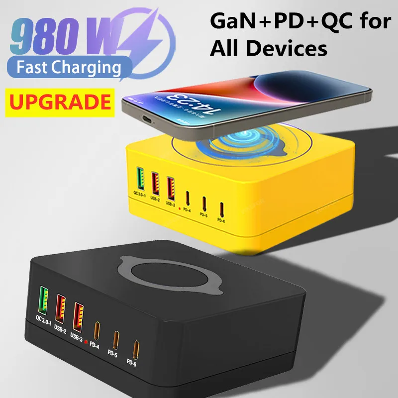 #980W GaN Quick Charger Station 6-Ports QC3.0+PD Super Chargers With Wireless Charger For iPhone Samsung Xiaomi Fast Charging