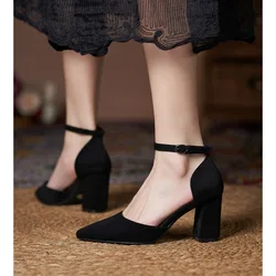 31-44 Women Pumps Fashion Black High Heels Shoes Flock Pointed Sandals Summer New Party Thick Heel Shoes Ladies Wedding Shoes
