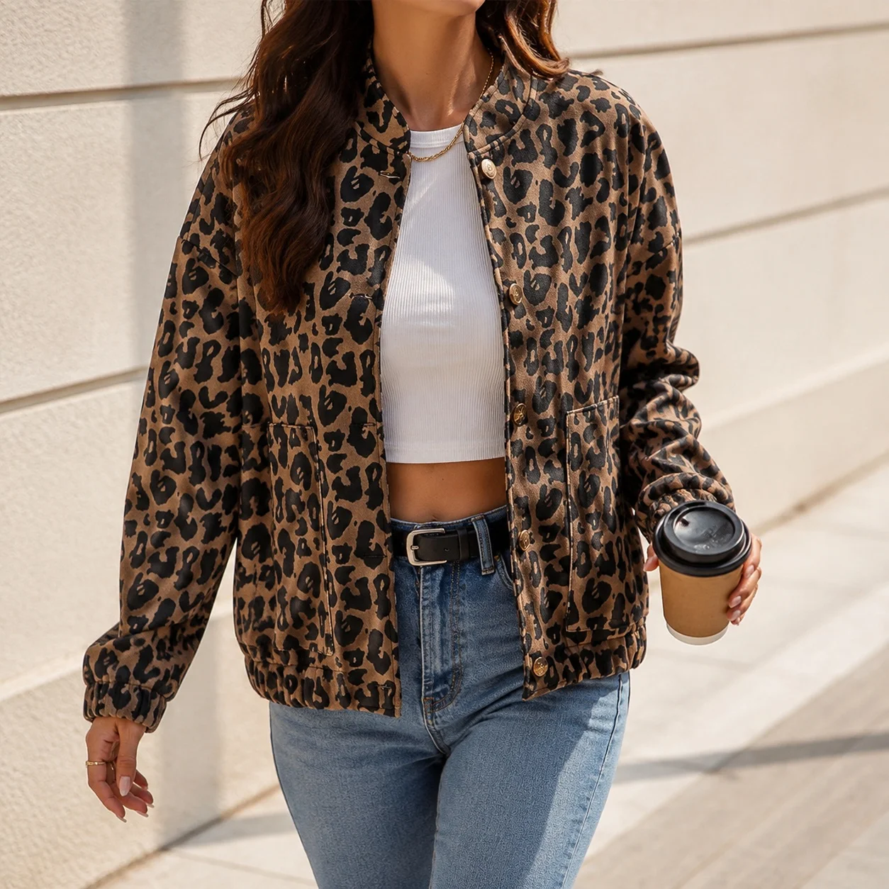 Leopard Print Stand Collar Coat Regular Length Literary Retro with Edgy Streetwear Printed Loose Fit Women Autumn Jacket