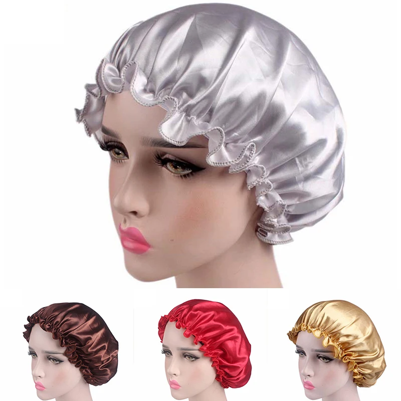 Women Silk Satin Night Sleep Cap Shower Caps Hair Care Beauty Bonnet Hat Head Cover Elastic Band Bathroom Shower Caps