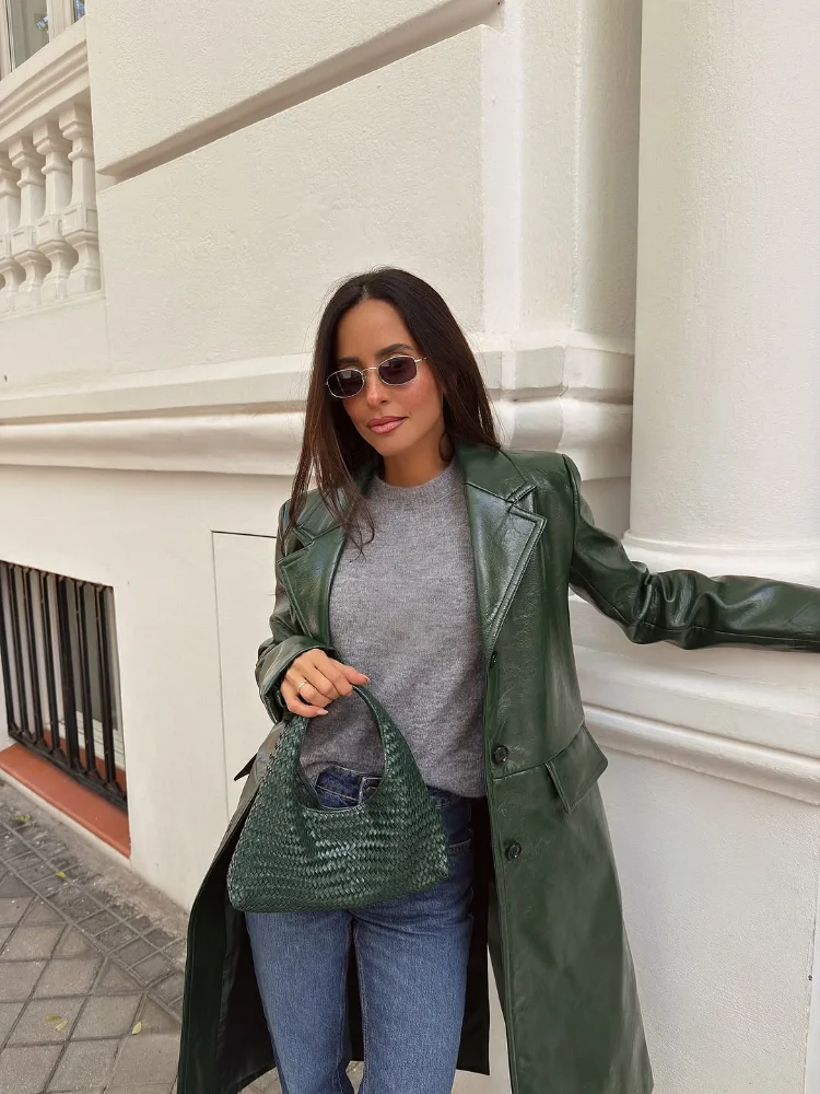 クラシックな無地ロングレザージャケット、シックなシングルブレスト、フルスリーブ、ラペルコート、春のエレガントなデイリー通勤ストリートコート、2026年新作