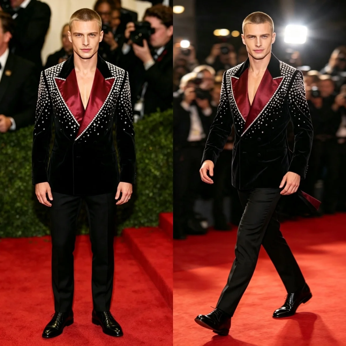 Fashion Wedding Tuxedos Velvet 2 Piece Set Jacket Pants Men Suit Crystal Double Breasted Man Blazers For Banquet Customized