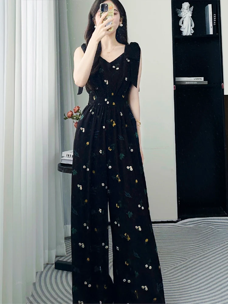 여름 고급 플로럴 프린트 원피스 팬츠 세트 여성용 우아하고 캐주얼하며 편안하고 통기성 좋은 롱...