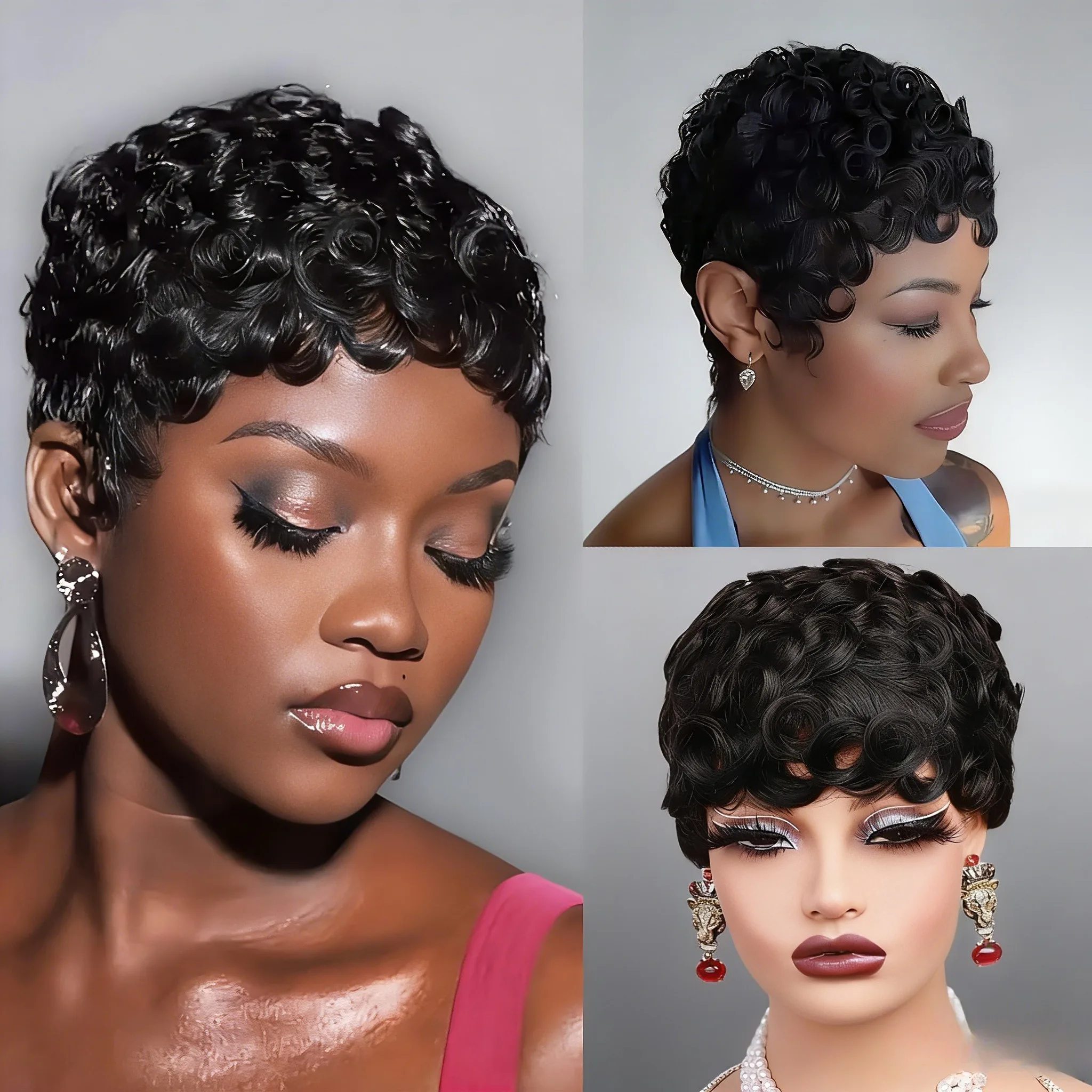 1B Natural Black Curly Pixie Cut Human Hair Wig for Black Women, Brazilian Virgin Real Hair Short Wig Glueless Pre Styled Wig