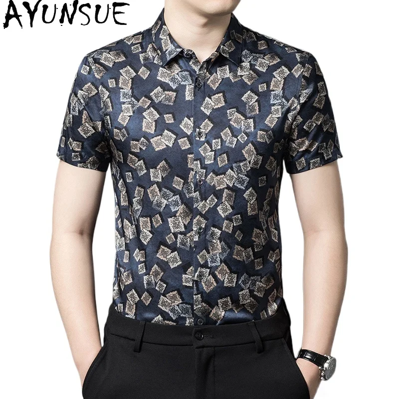 

SYUNSUE 90.8% Mulberry Silk Men Shirt Mens Summer Shirt Chemise Ete 2024 Homme Mens Shirts Short Sleeves Casual Men Clothing