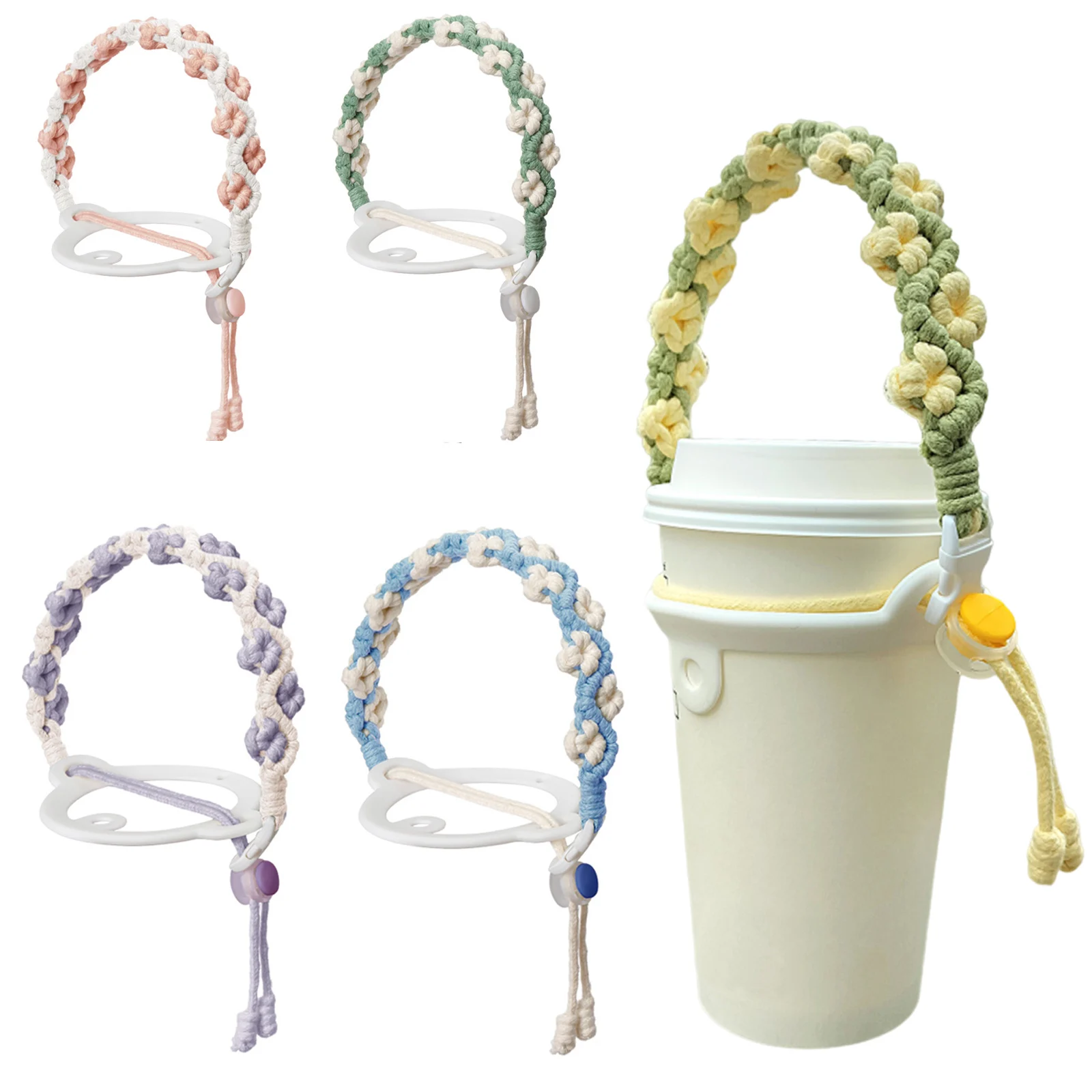 Portable Cup Packaging Rope Hand-woven Daisy Rose Flower Coffee Cups Takeaway Carrier Hand Strap Water Bottle Tumbler Adjustable