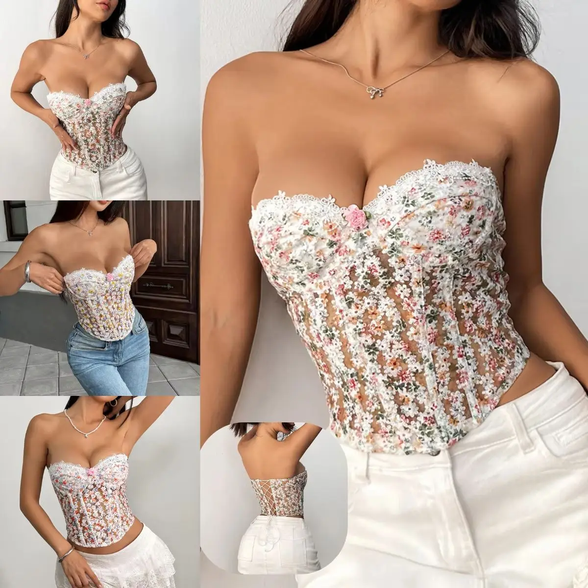 

Летний женский топ-корсет без рукавов с цветочным узором, сексуальный, с вырезами, на шнуровке, с косточками, утягивающий фигуру