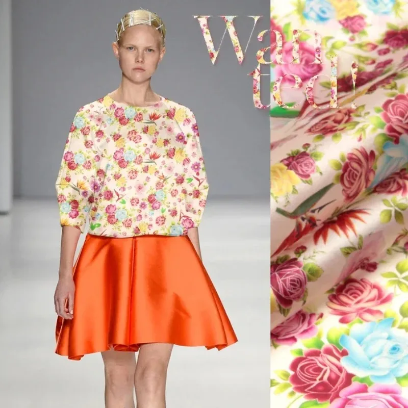 

135cm 14mm Red Flower Print Pink Silk Organza Fabric For Diy Sewing Clothes Pants Bubble Dress Clothing Decoration R1615