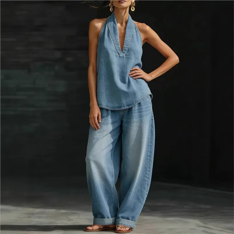 Summer Women Denim Two Pieces Simple Chic Loose Sleeveless V-Neck Top High Waist Casual Wide-Leg Pants Outfit Loungewear Sets