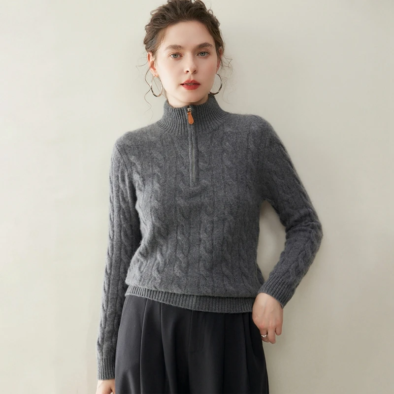 Women 100% Cashmere Sweater Autumn Winter Mock neck Pullover Half Zipper Cable Knitting Casual Luxury Cashmere Knitwear Tops