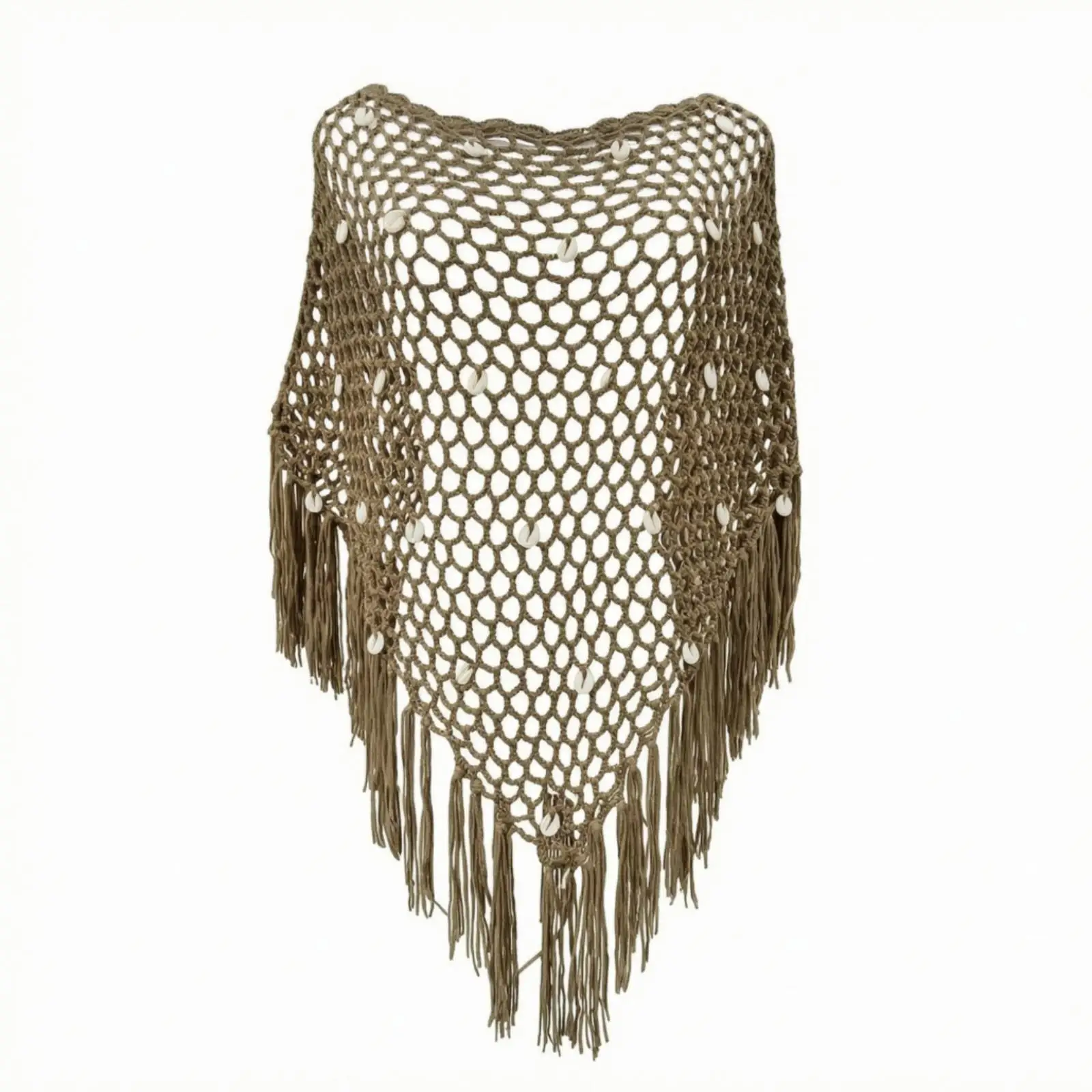 Triangular Shoulder Wrap with Sequins Lightweight Crocheted Shawl Handmade-Style Knitted Capelet with Fringe for Women, Resort