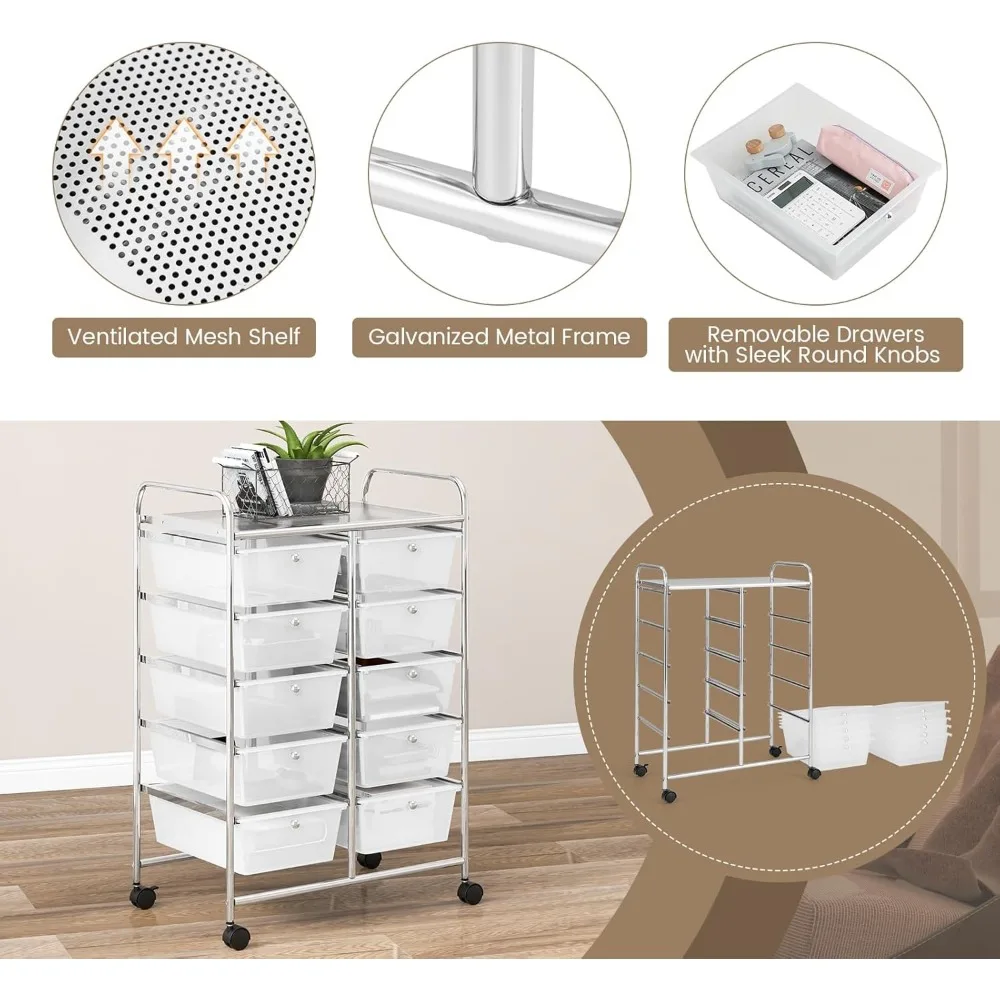 عربة تخزين حرفية دوارة ذات 10 أدراج مع عجلات قابلة للقفل ومنظم فني للمساحات الإبداعية