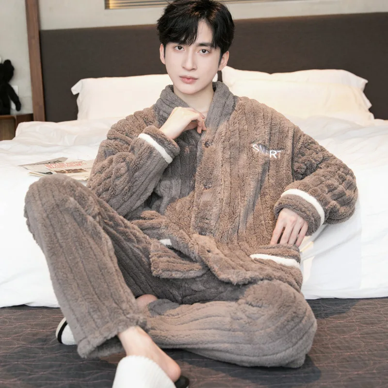 

Men Autumn Winter Warm Sleepwear Thicken Coral Fleece Pajamas 2 Pcs Shirt&pant Home Clothes Lounge Thick Home Wear Nightwear