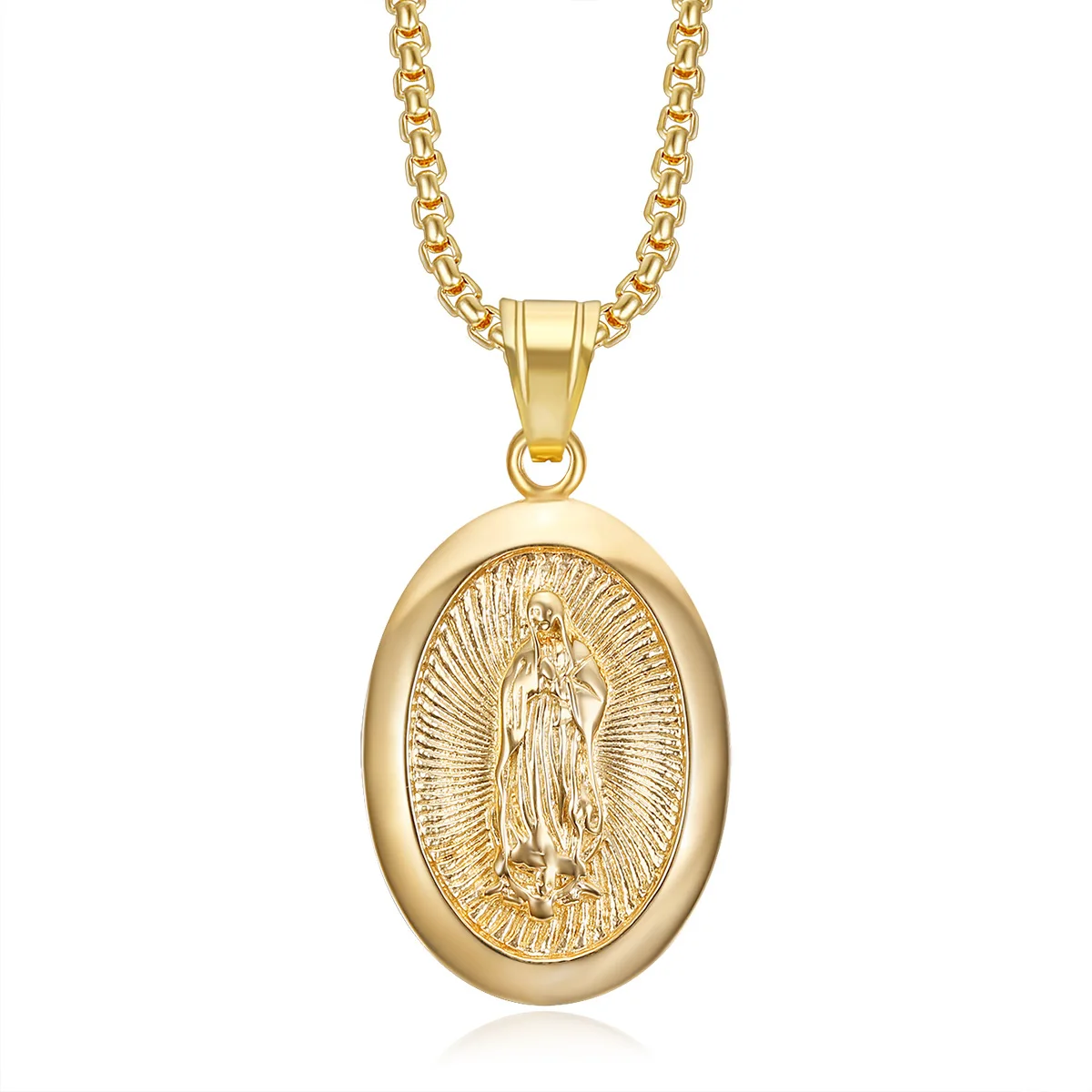 Virgin Mary Prayer Pendant Necklaces Gold color 316L Stainless Steel with rhinestone Women/Men Jewelry