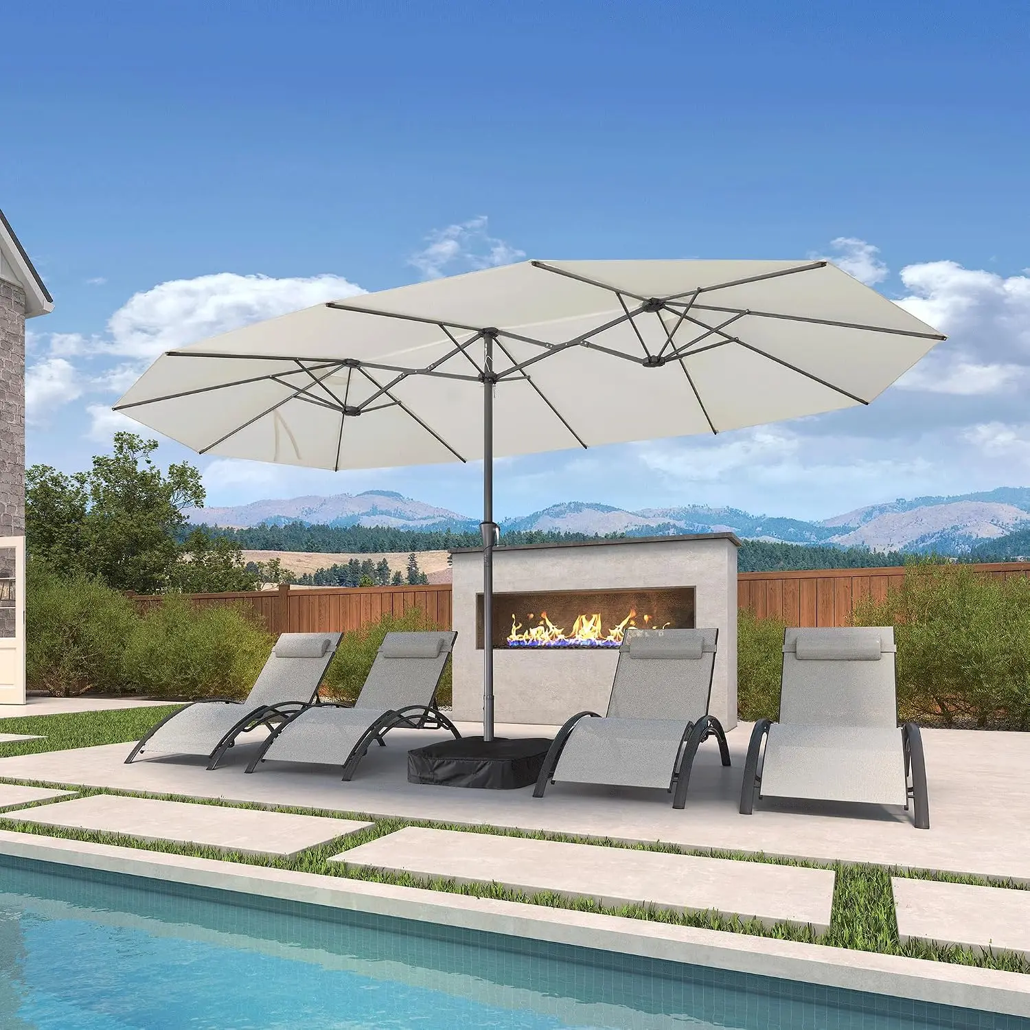 15ft Rectangle Patio Umbrella Base, UV50+ 180GSM Fade-resistant Fabric, 12 Ribs Wind-stable Anti-rust, Easy Setup, Customized