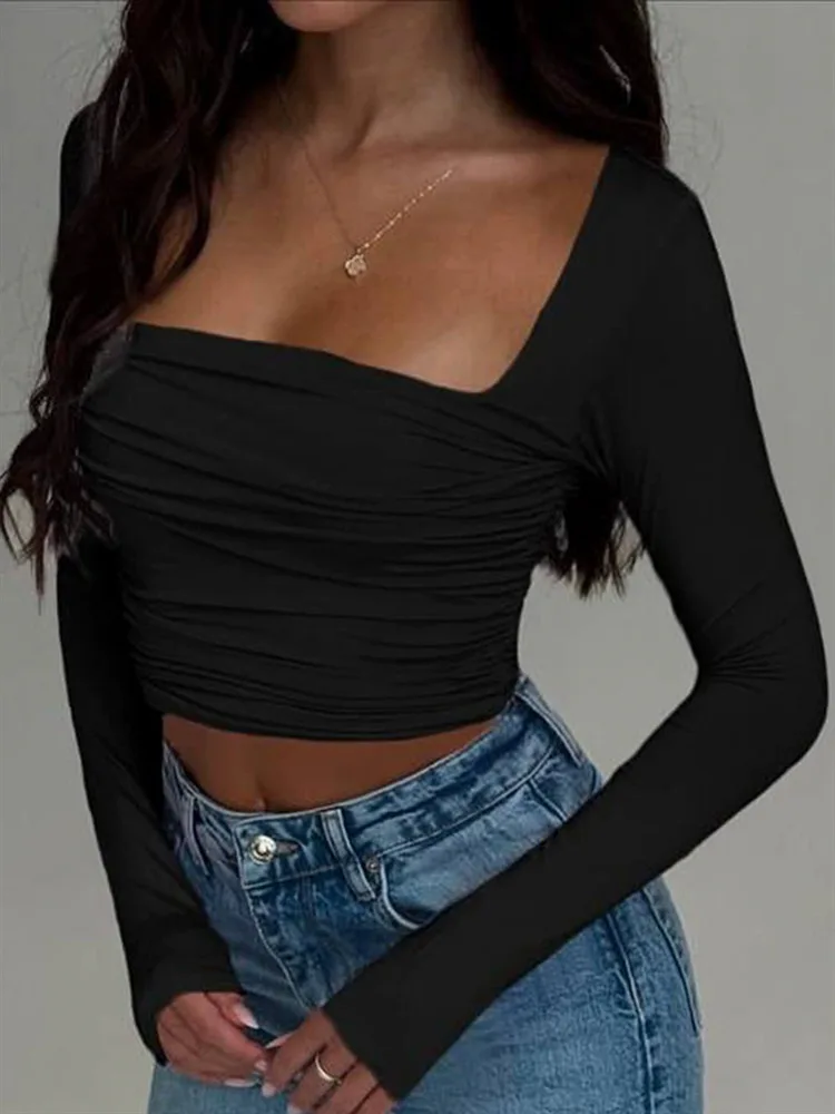 Absobe Vrouwen Herfst Nieuwe Vierkante Hals Effen Lange Mouw Crop Top Slanke Ruches Tee Fashion Casual Basis T-shirt Stijlvolle Streetwear