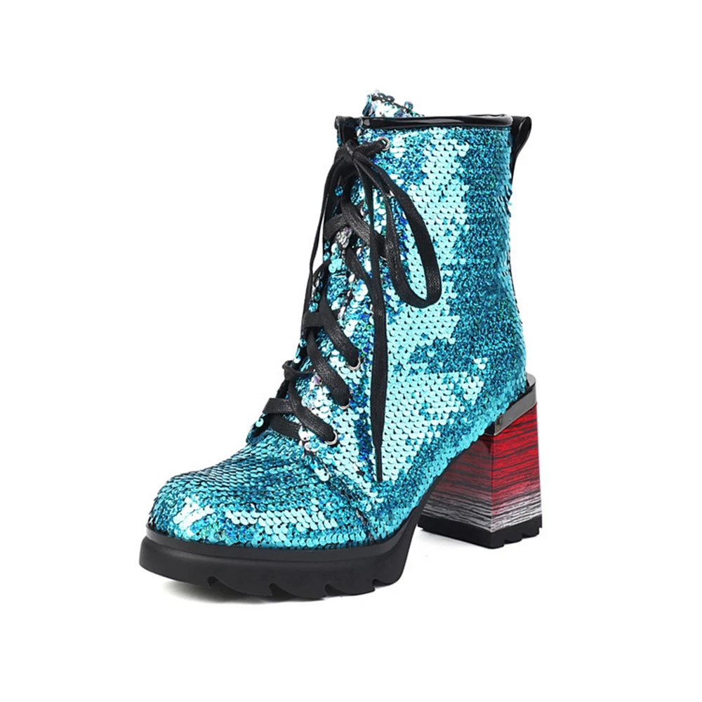 Women Sequin Lace Up Combat Ankle Boots Fleece Lined Chunky Block Heel Platform Party Short Boots EU 35-44 5869