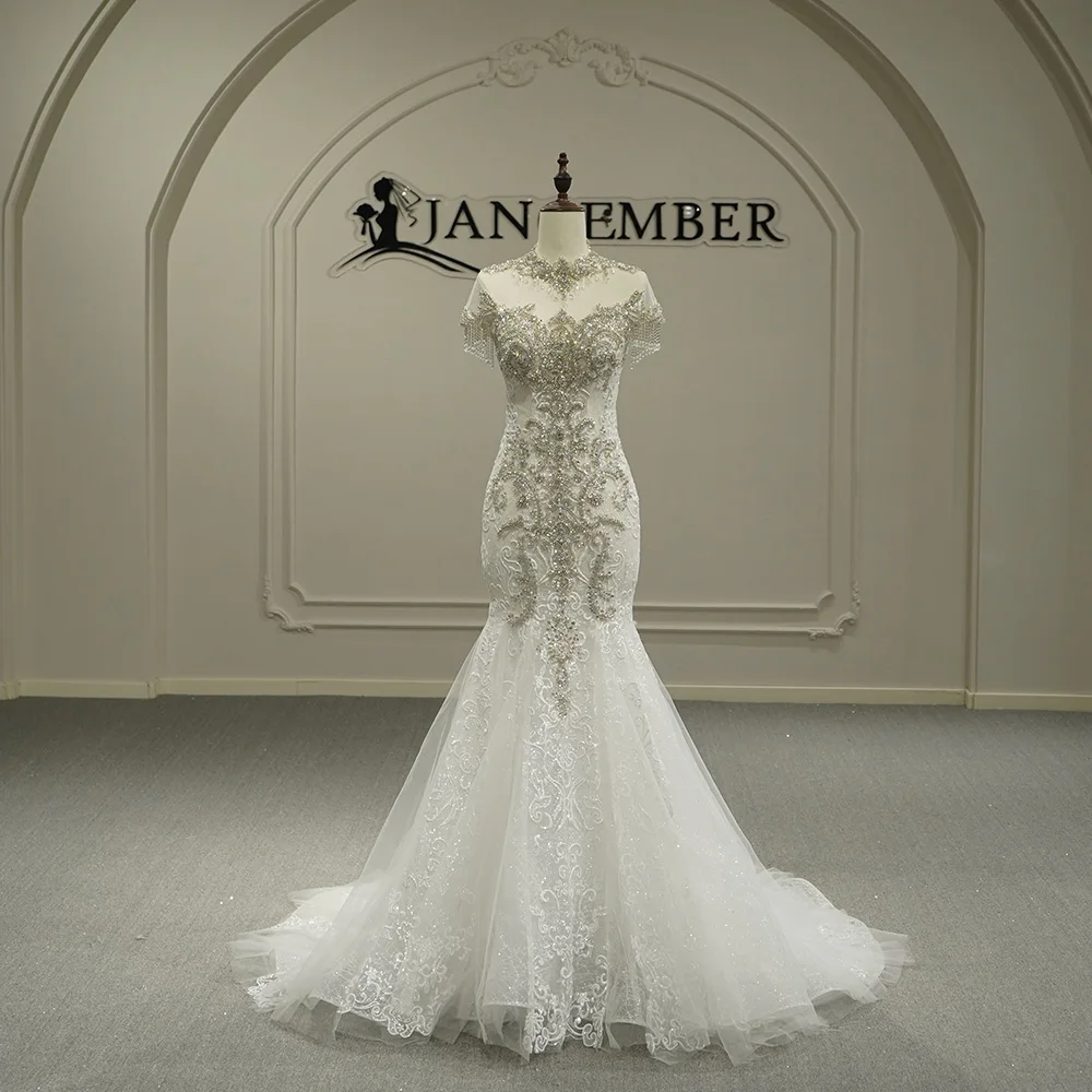 

Customized High Quality Crystal Beading Mermaid Wedding Dress Tassel Train 2026 Short Sleeves Sexy Bridal Dress robe de mariée