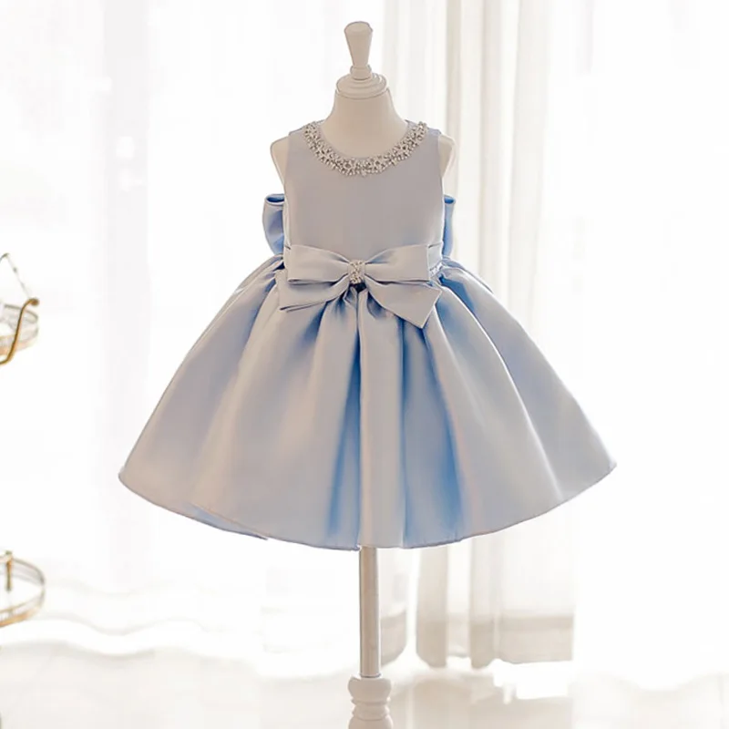 The new flower girl dress children princess dress girl Peng Peng gauze wedding dress birthday blue piano dress