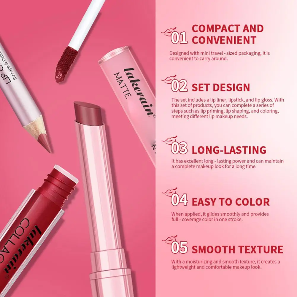 Lip Combo Rossetto opaco + Penna per labbra Set lucidalabbra Set di rossetti per labbra idratanti opachi impermeabili a lunga durata Set per trucco labbra