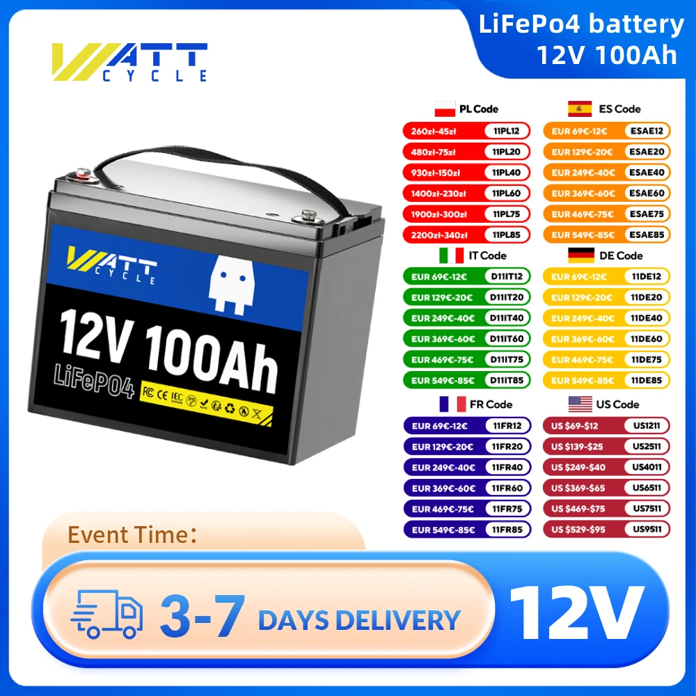 Wattcycle 12 فولت 100 أمبير LiFePO4 بطارية حزم الصف أ خلايا قابلة للشحن للتخزين في الهواء الطلق/المنزل بطاريات ليثيوم فوسفات الحديد