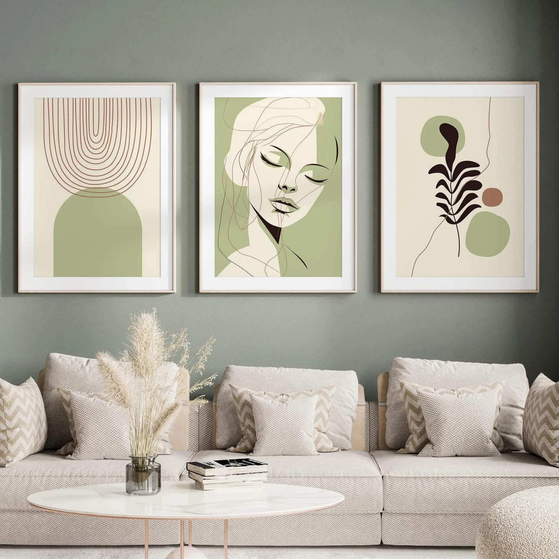 3PC Sage Green Boho Wall Art Minimalist Line Face, Abstract Arch & Botanical Print, Neutral Modern Decor for Living Room