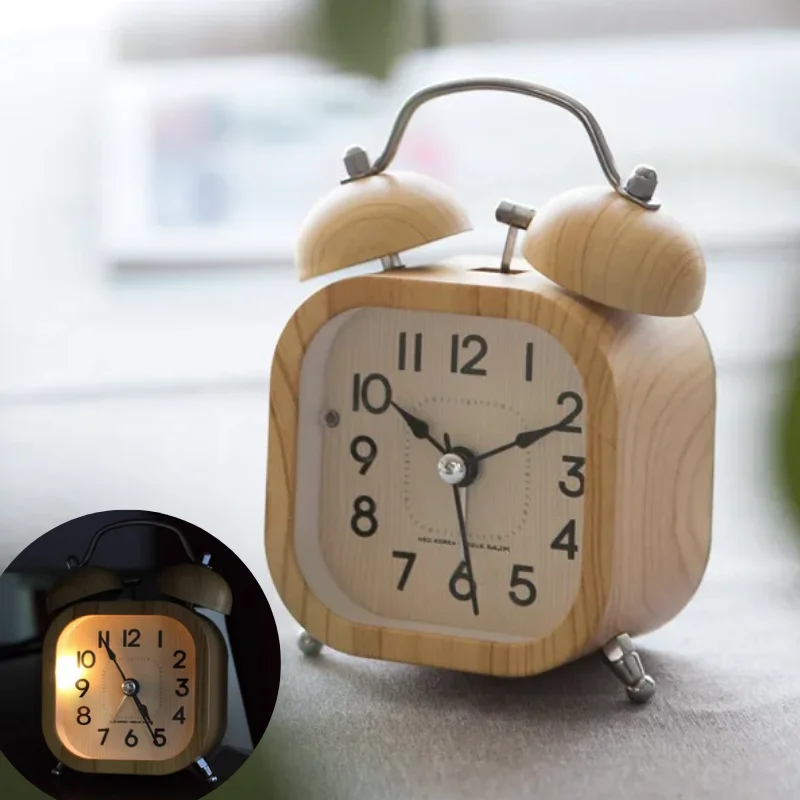 Retro Bedhead Alarm Clock Home Decoration Mini Cute Wooden Clock Night Light Silent Alarm Clock Kitchen Bedroom clock