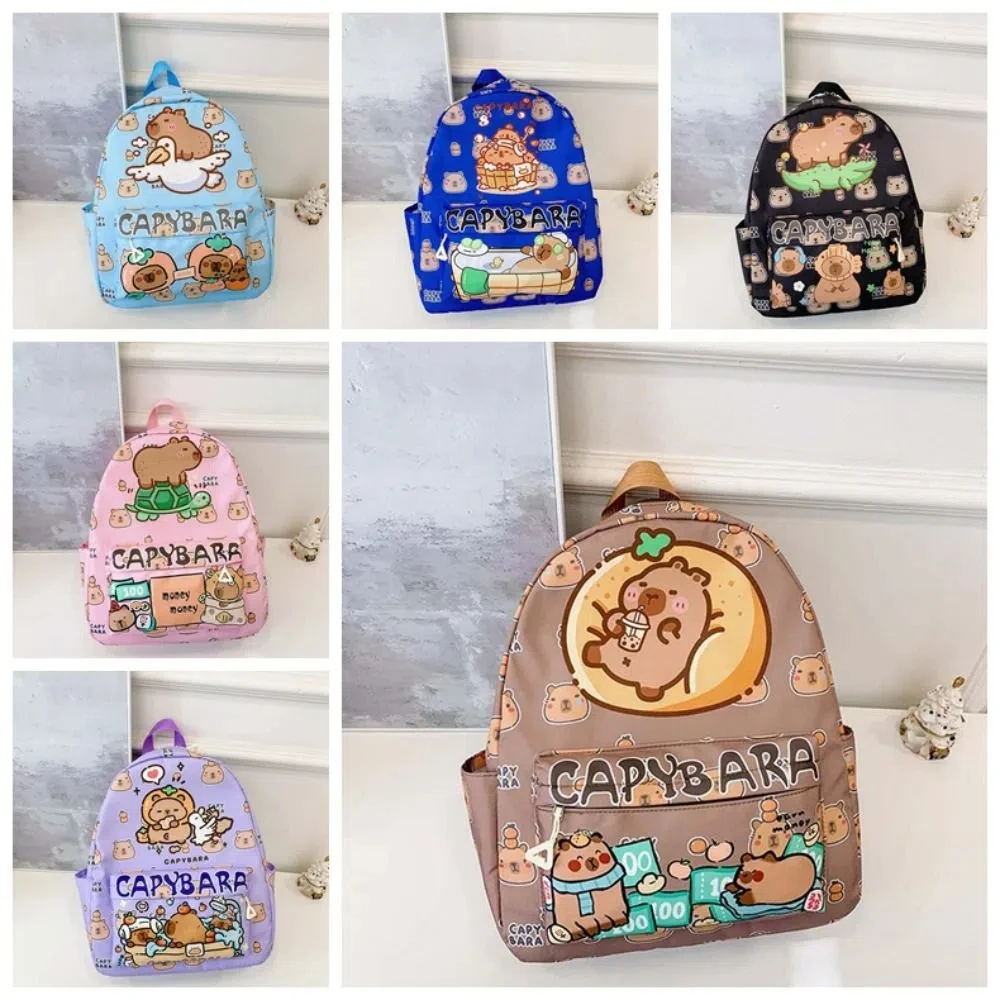Zaino Capybara addensato Cinghie larghe in nylon Zaino per animali dei cartoni animati Borsa da scuola leggera pieghevole di grande capacità quotidiana