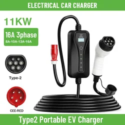 HQ-Carregador portátil EV para carro elétrico, 3Phase, tipo 2, corrente ajustável, carregamento rápido, Wallbox, CEE Plug, cabo do carregador, 11KW, 16A