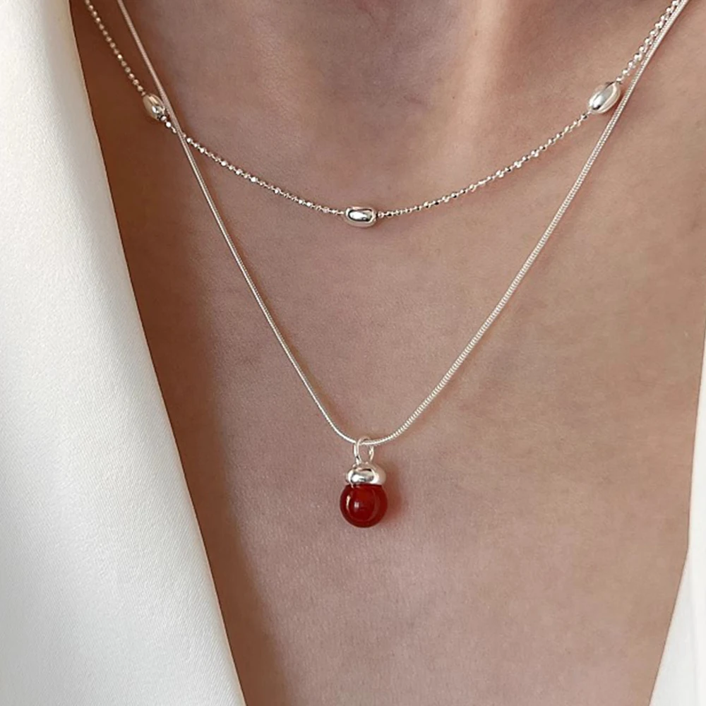 

PANJBJ ожерелье из стерлингового серебра 925 пробы с красным агатом для женщин, индивидуальный дизайн, корейская цепочка со змеиной костью, ювелирное изделие, подарок, дропшиппинг