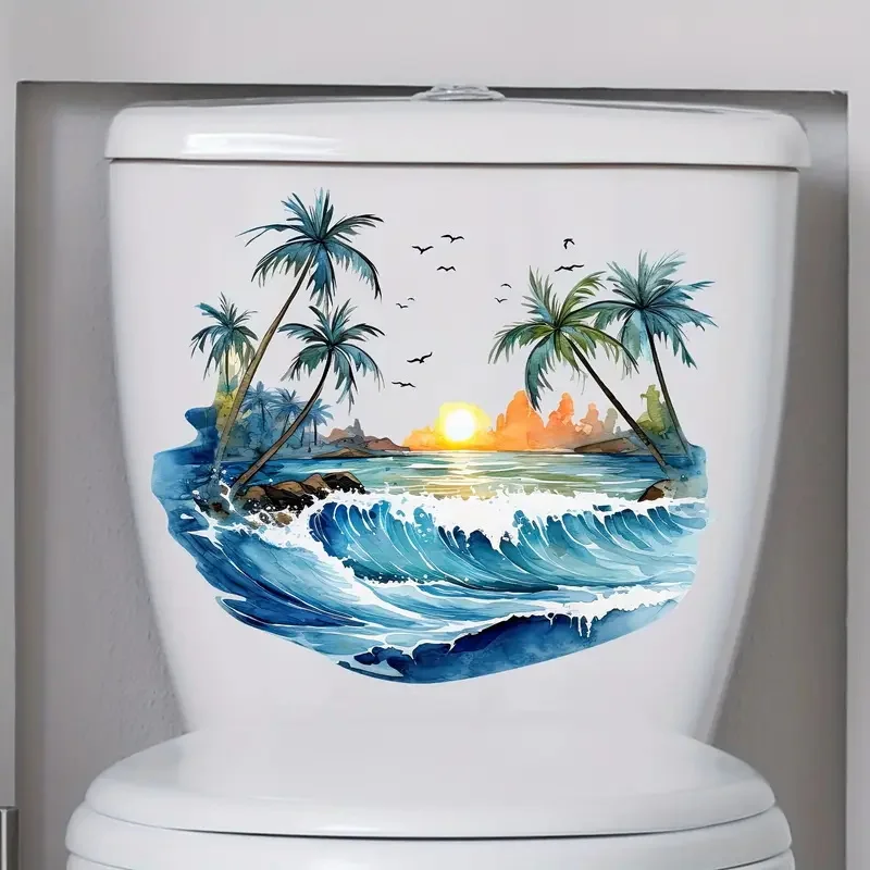 Summer Day Coconut Trees Self-Adhesive Toilet Stickers,Wall Decal Removable, Reusable PVC Sticker for Toilet Lid, Bathroom Decor