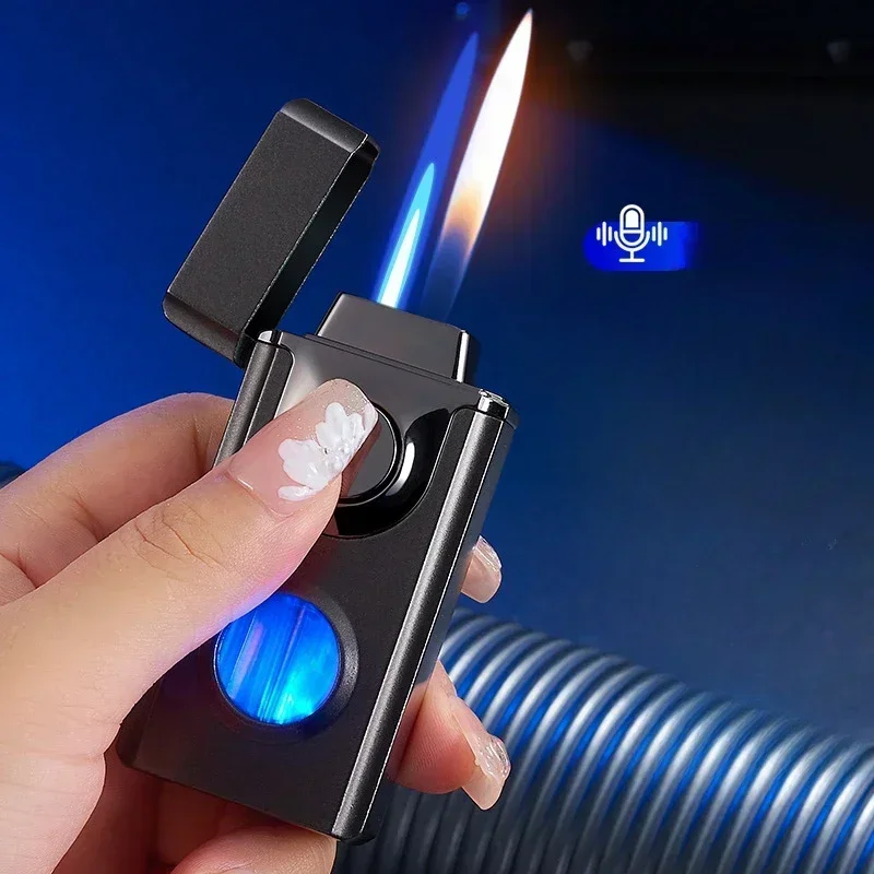 Intelligent Voice Controlled Dual Fire Butane Gas Lighter 4 Ignition Modes Blue Light Visible Gas Window USB Electric Lighters