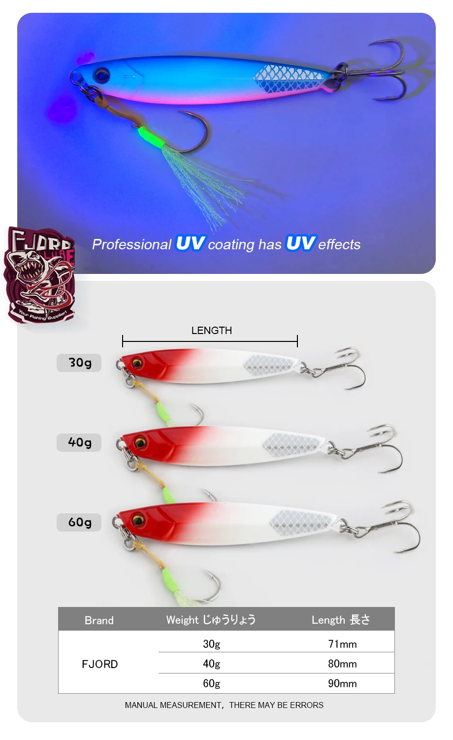 FJORD Flache, langsam leuchtende Metall-Jig-Blei-Angelköder, Salzwasser, 20 g, 30 g, 40 g, 60 g, Shore Casting, künstliche Köderhaken, Angelgerät – Detail 3