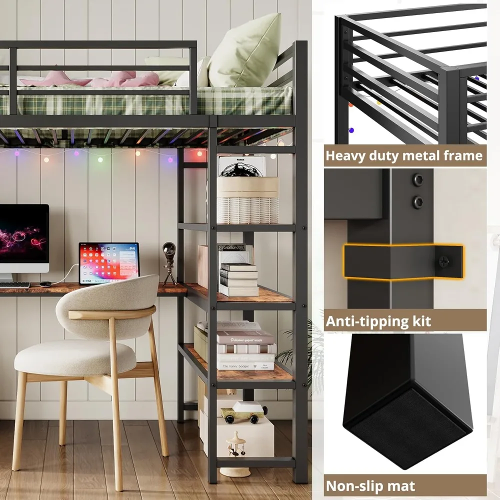 Cama Loft tamaño doble con escritorio en forma de L y estantes, marco de cama Loft de Metal resistente con toma de corriente y LED iluminado, sin ruido