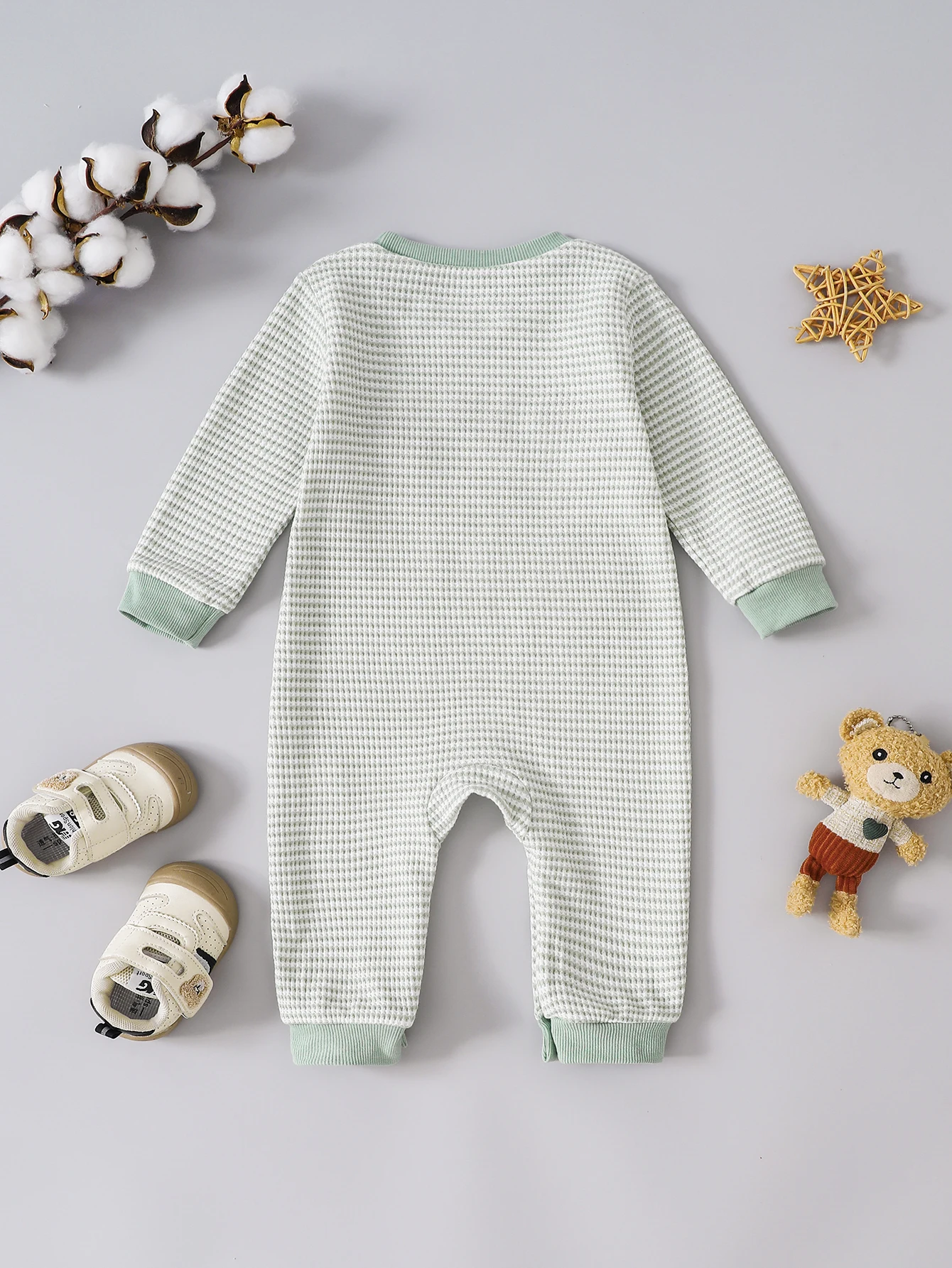 Waffle Knit Baby Long Sleeve Jumpsuit Cute Duck Embroidery Round Neck Snap Closure Infant Daily Casual Home Romper Outfit