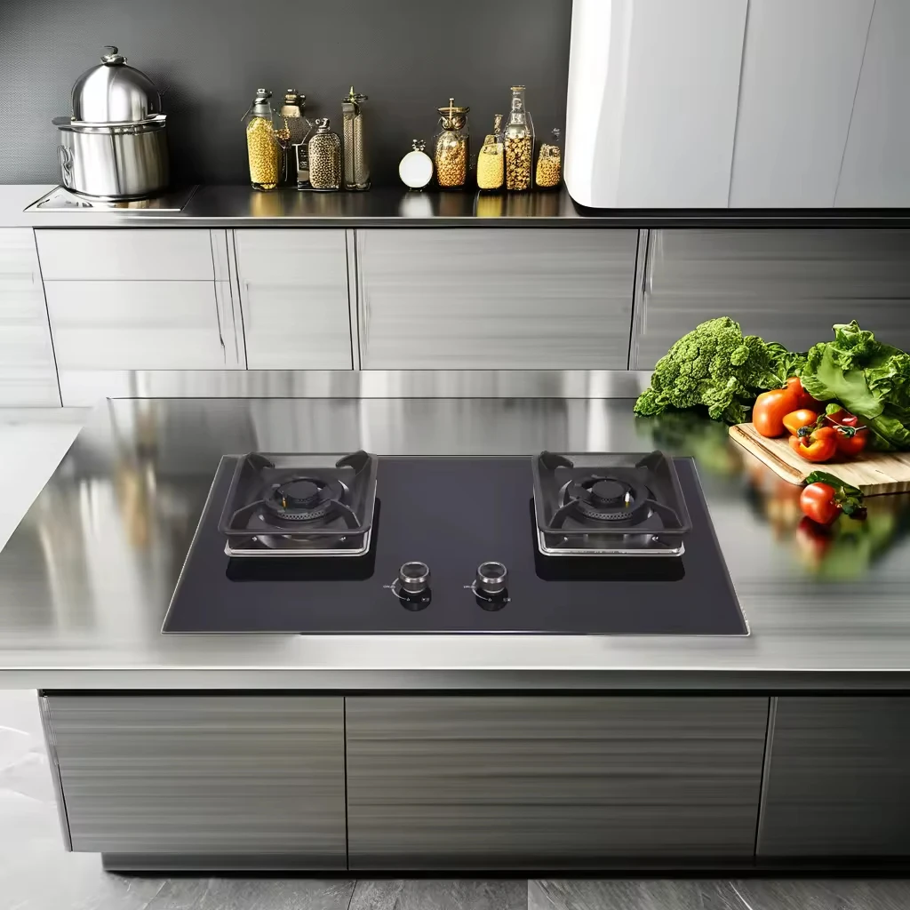 Cucina domestica Stufa a gas incorporata a 2 fuochi Piano cottura a gas a doppio piano cottura in vetro temperato