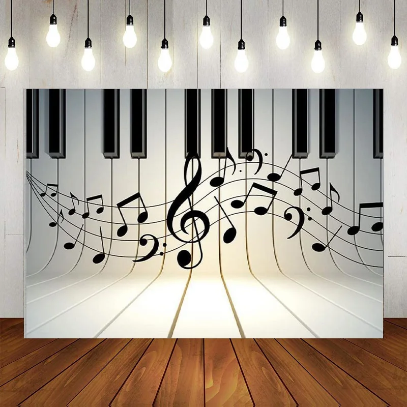 Golden Musical Notes Theme Backdrop Piano Black White Key Symbol Element Photography Background Banner Decoration Birthday Party