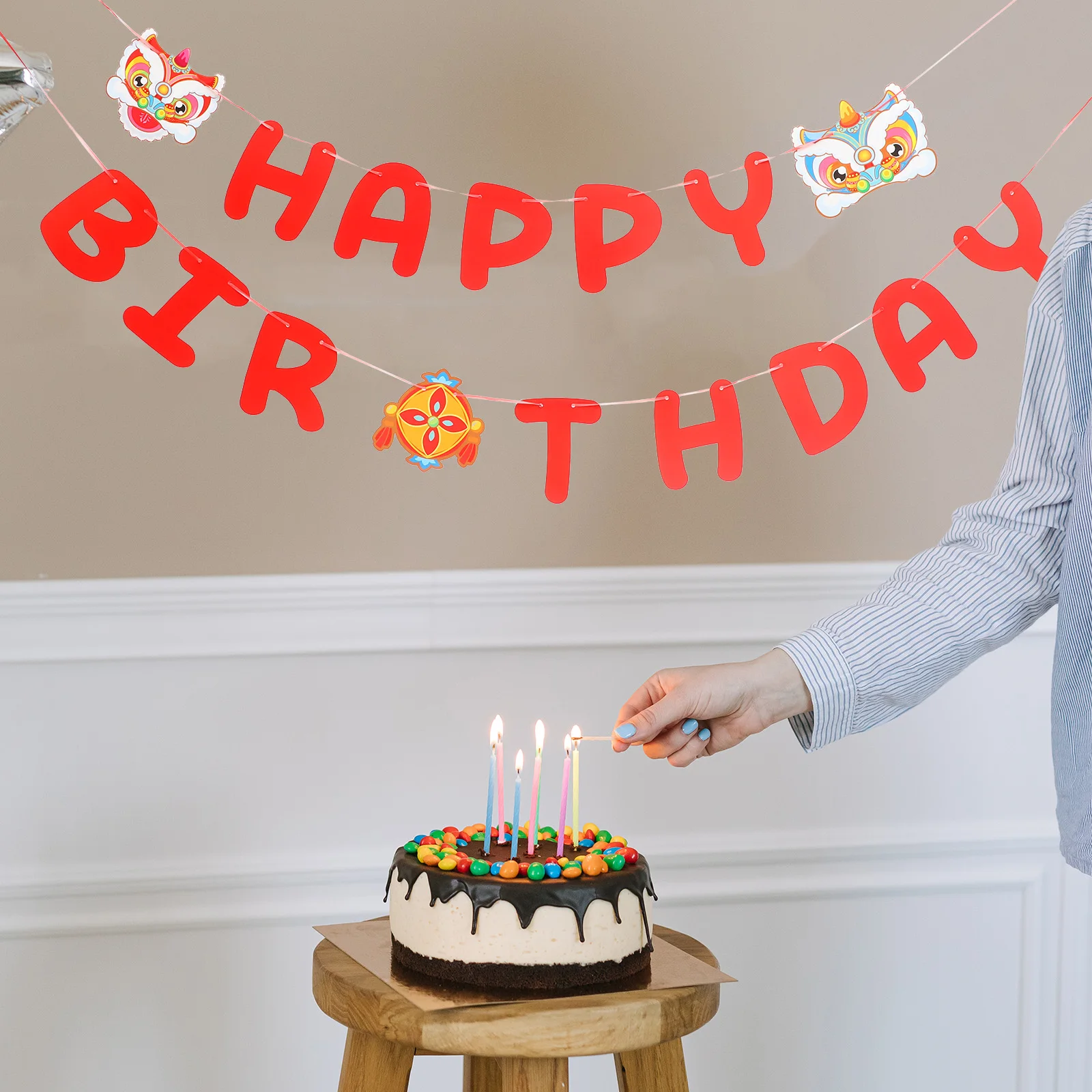 

1 set 1 Set Of Letter Bunting Dancing Lion Pattern Durable Paper Happy Birthday Banner For Kids Party Decor Hanging Birthday