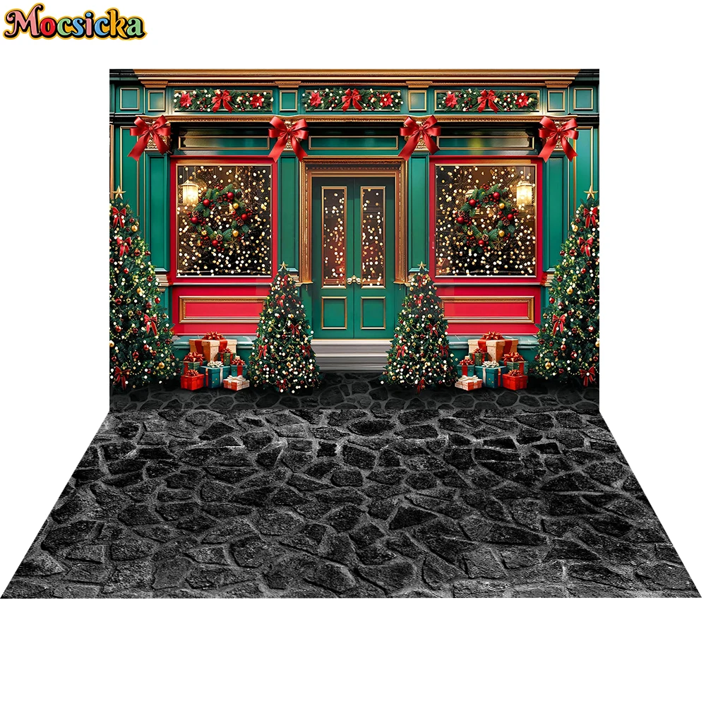 

Mocsicka Winter Green Christmas Shop Photography Background Xmas Tree Kids Family Holiday Portrait Decor Backdrop Photo Studio