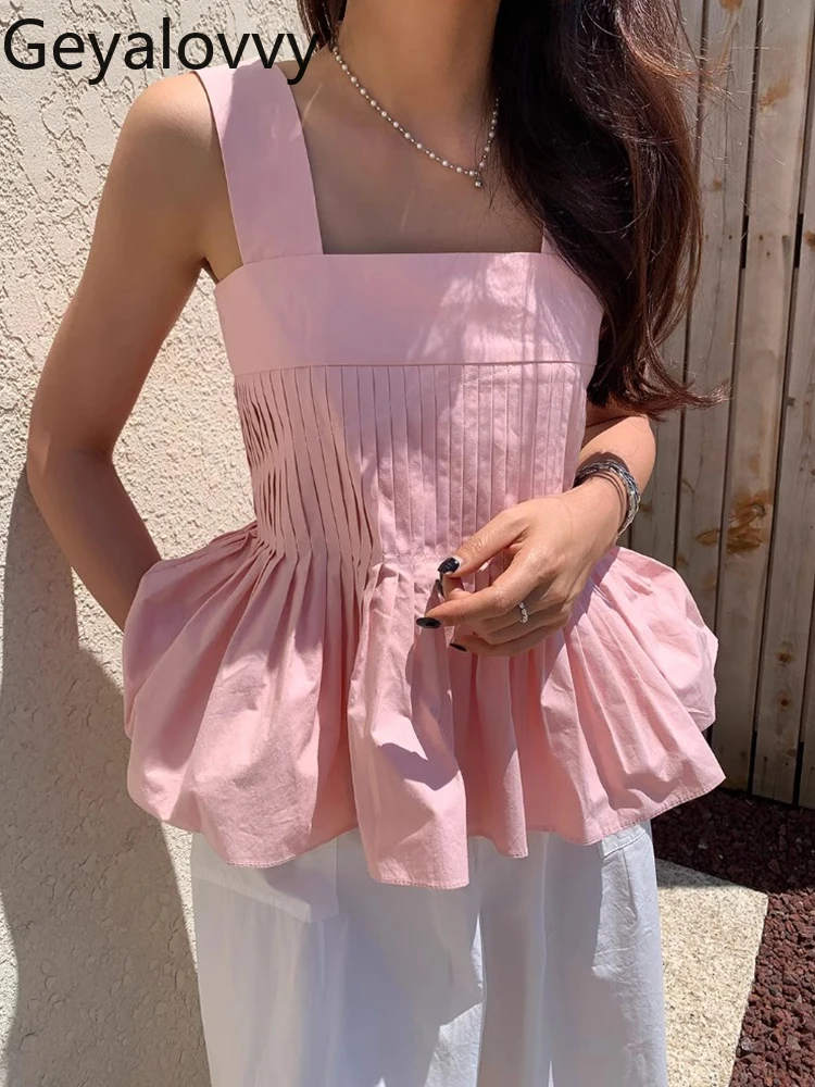 

2025 New Summer Sweet Casual Shirts Square Neck Blouses Pleated Versatile Thin Splicing Ruffle Edge Halter Sleeveless Tops Women