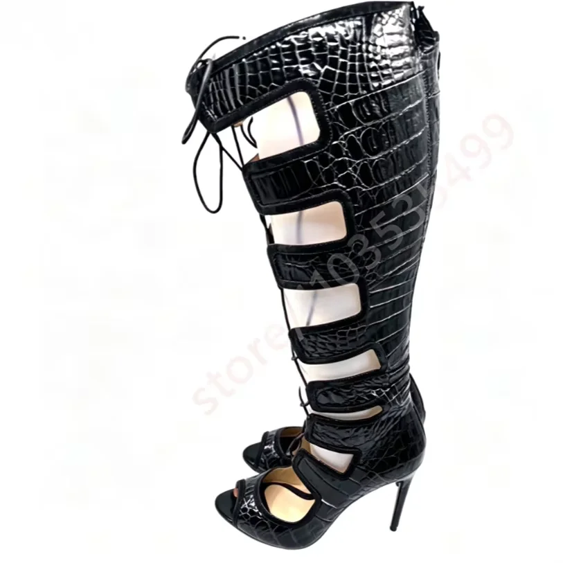 

Peep Toe Lace Up Thin Stiletto Heel Party Sandal Boots 2026 Summer New Croc Print Cutout Knee High Gladiator Boots for Women